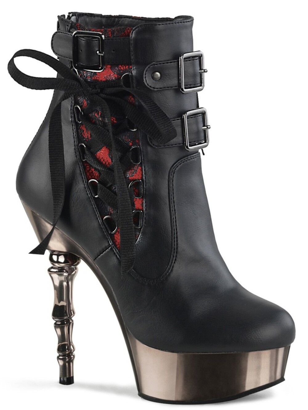 Women's Black and Red Lace-Up Platform Ankle Boot with Metallic Heel  Demonia